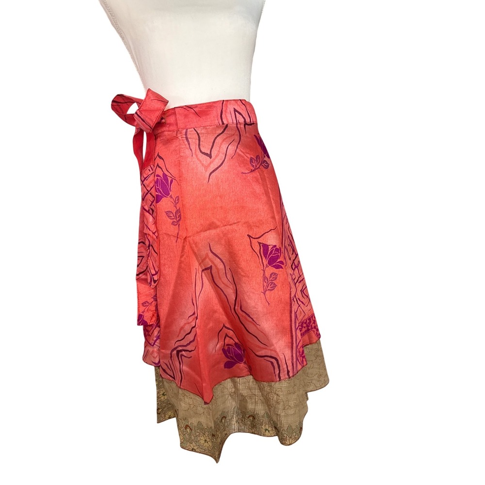 Floral Wrap Midi Skirt in Coral and Tan